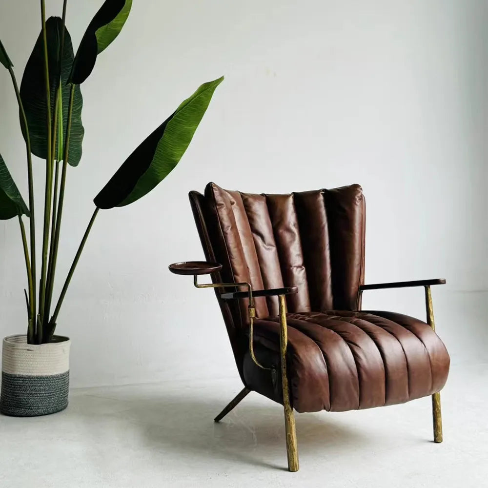Comfy Accent Chair Metal Leg Brown Oil Imitation Leather Lounge Chair Modern Living Room Furniture