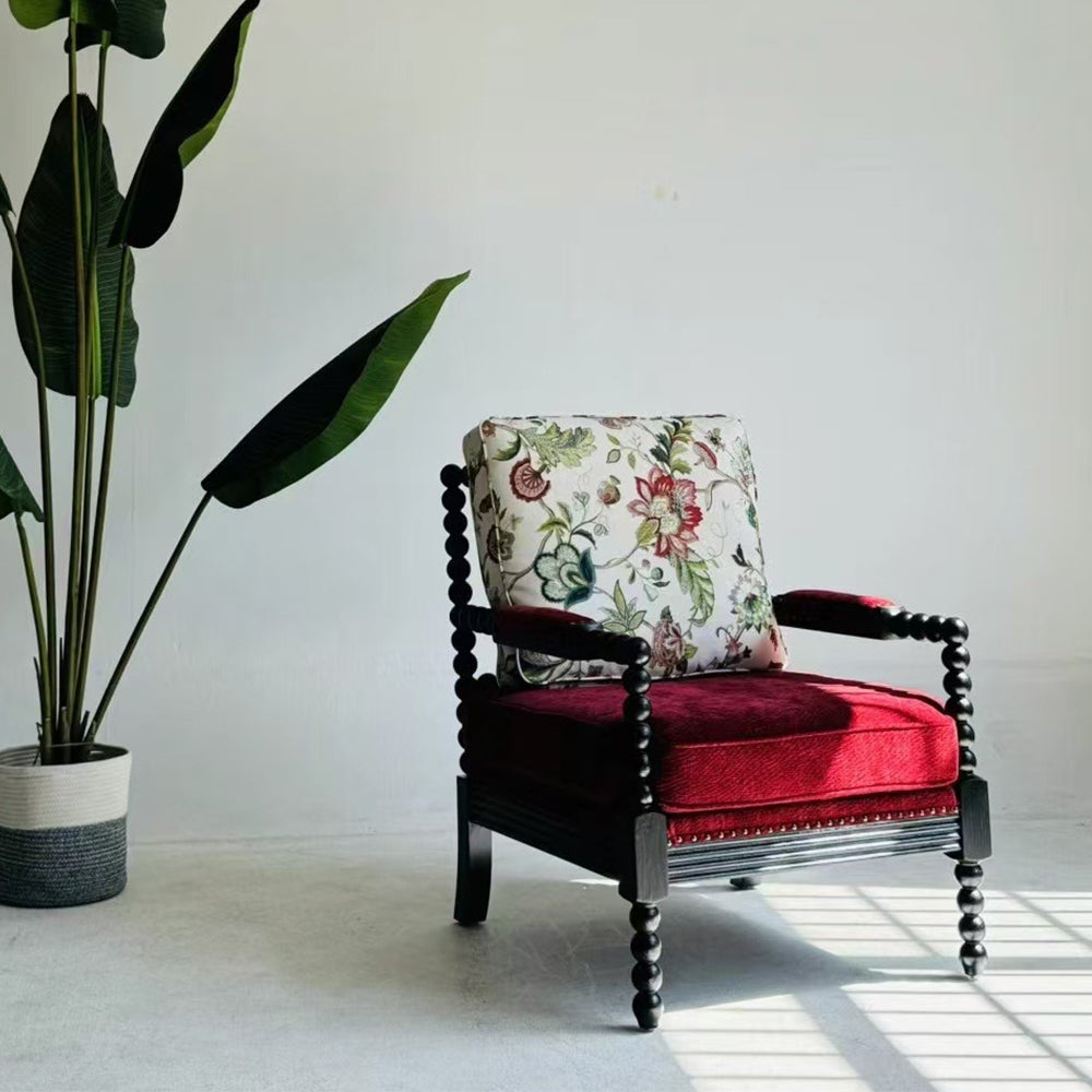 Spindle Chair Comfortable Reading Chair Design Red Cushion Floral Pattern Arm Chair