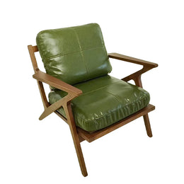 Green Leather Lounge Chair Solid Wood Frame Armchair Accent Seating