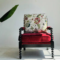 Spindle Chair Comfortable Reading Chair Design Red Cushion Floral Pattern Arm Chair